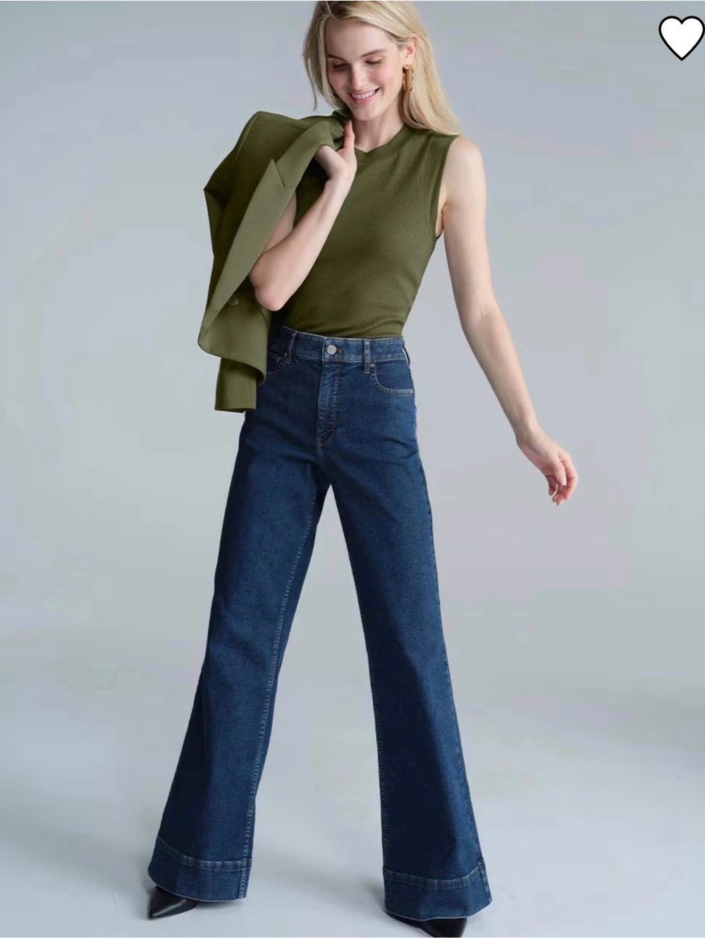 White House Black Market Olive Tank & Dark Blue Wide-Leg Jeans